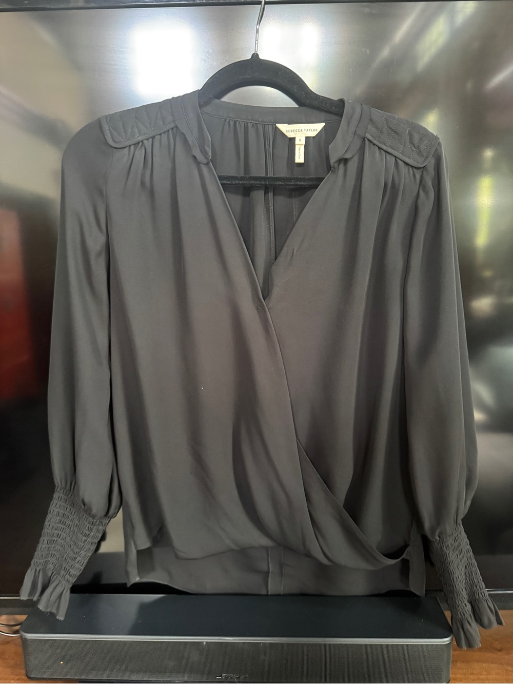 Rebecca Taylor Black Satin-Look Wrap Blouse